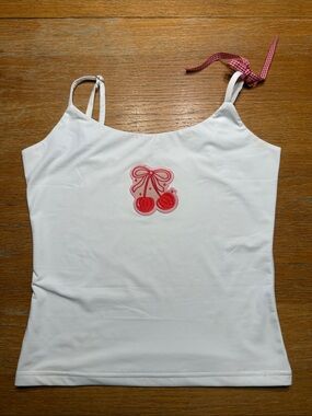 White Tank Top with Red Cherry Applique and Tie Strap
